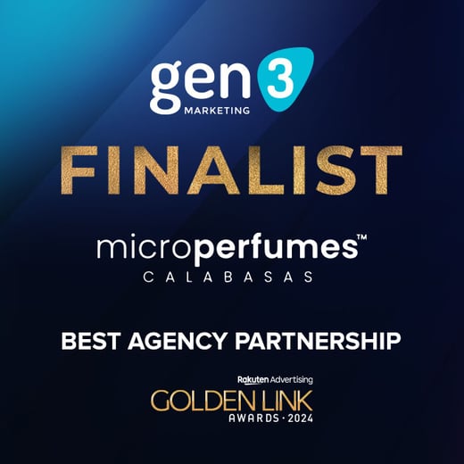 Gen3 Marketing, Finalist, MicroPerfumes Calabasas, Best Agency Partnership, Rakuten Golden Link Awards.