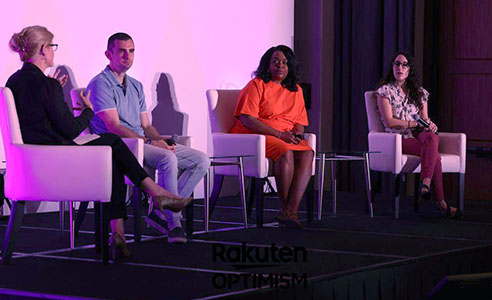 Nikki Yorgiadis on stage at Rakuten Optimism, representing Gen3 Marketing.